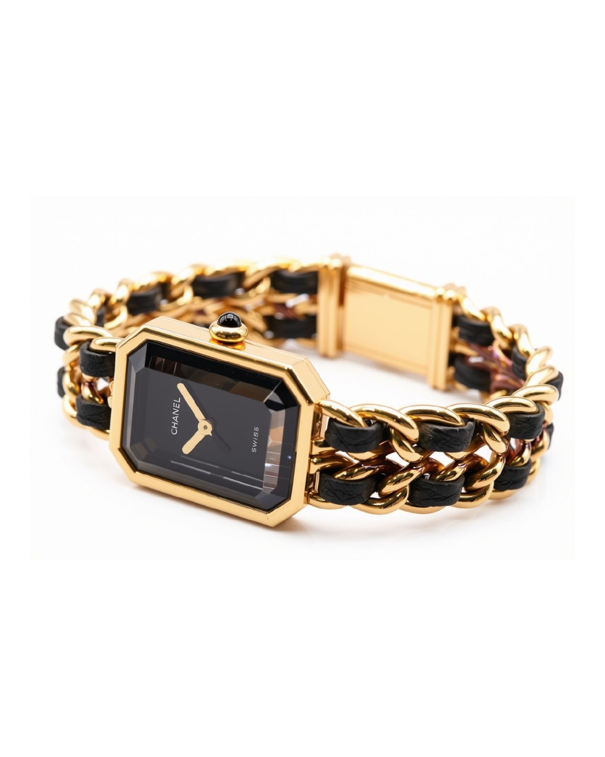 Chanel Première watch with octagonal gold-tone case, black dial, and chain bracelet