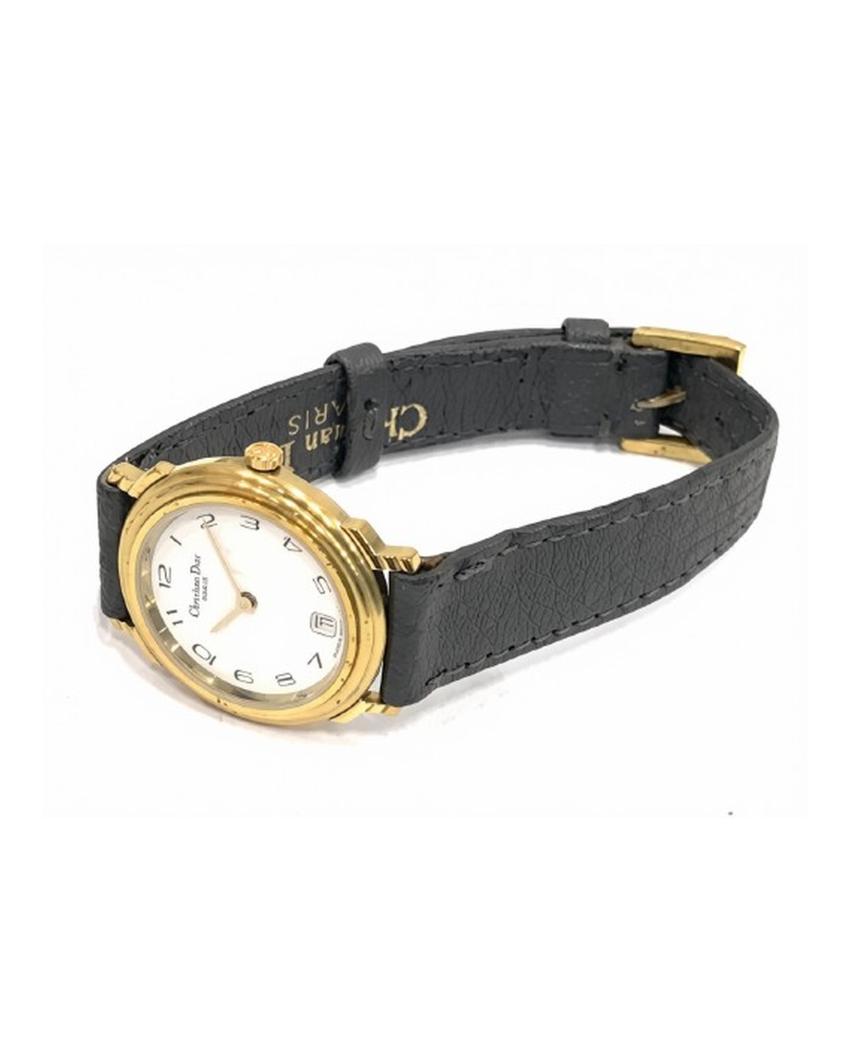 1990s Christian Dior women's watch with gold-tone case, white dial, and dark leather strap