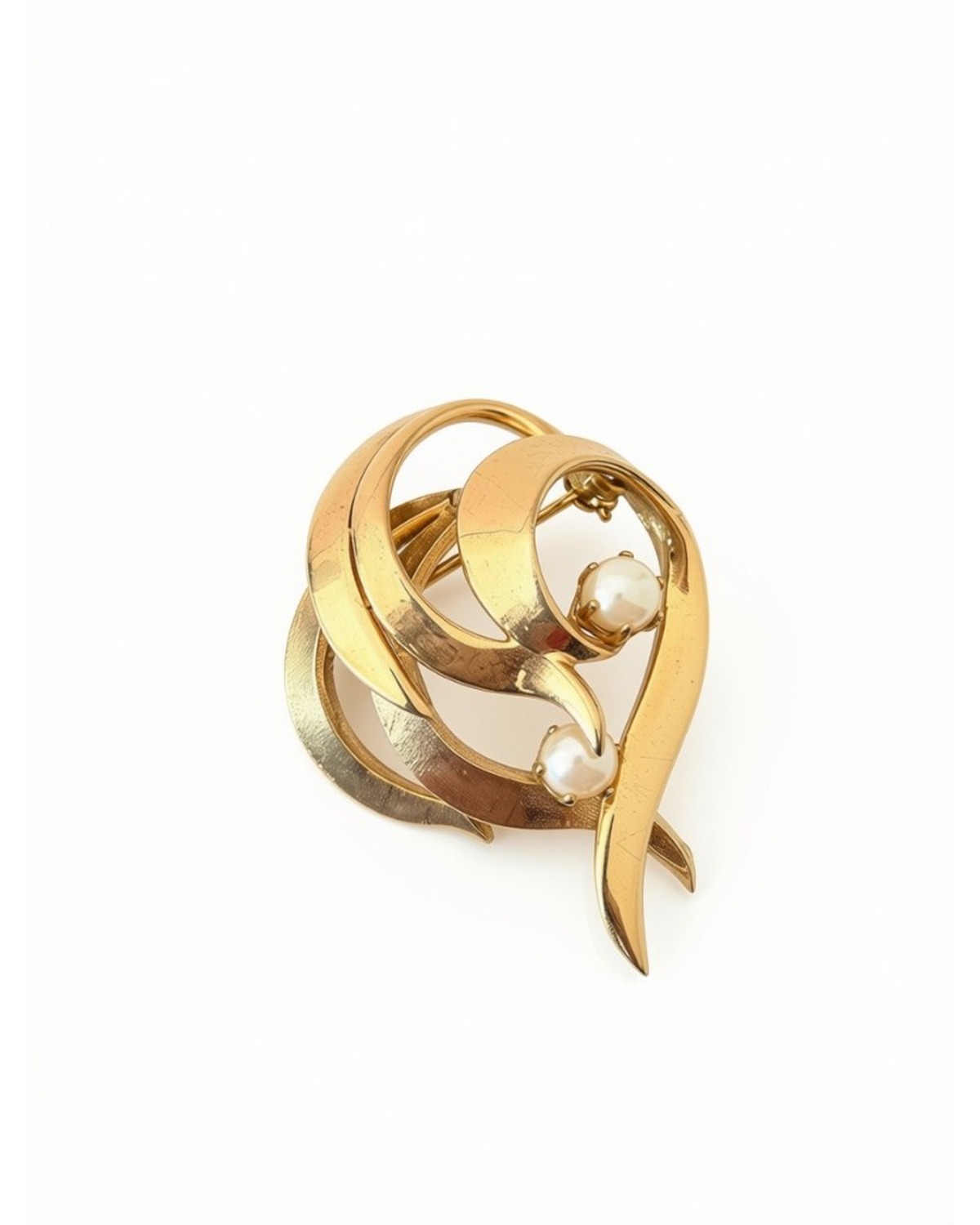 Gold-tone ribbon swirl brooch with two pearls