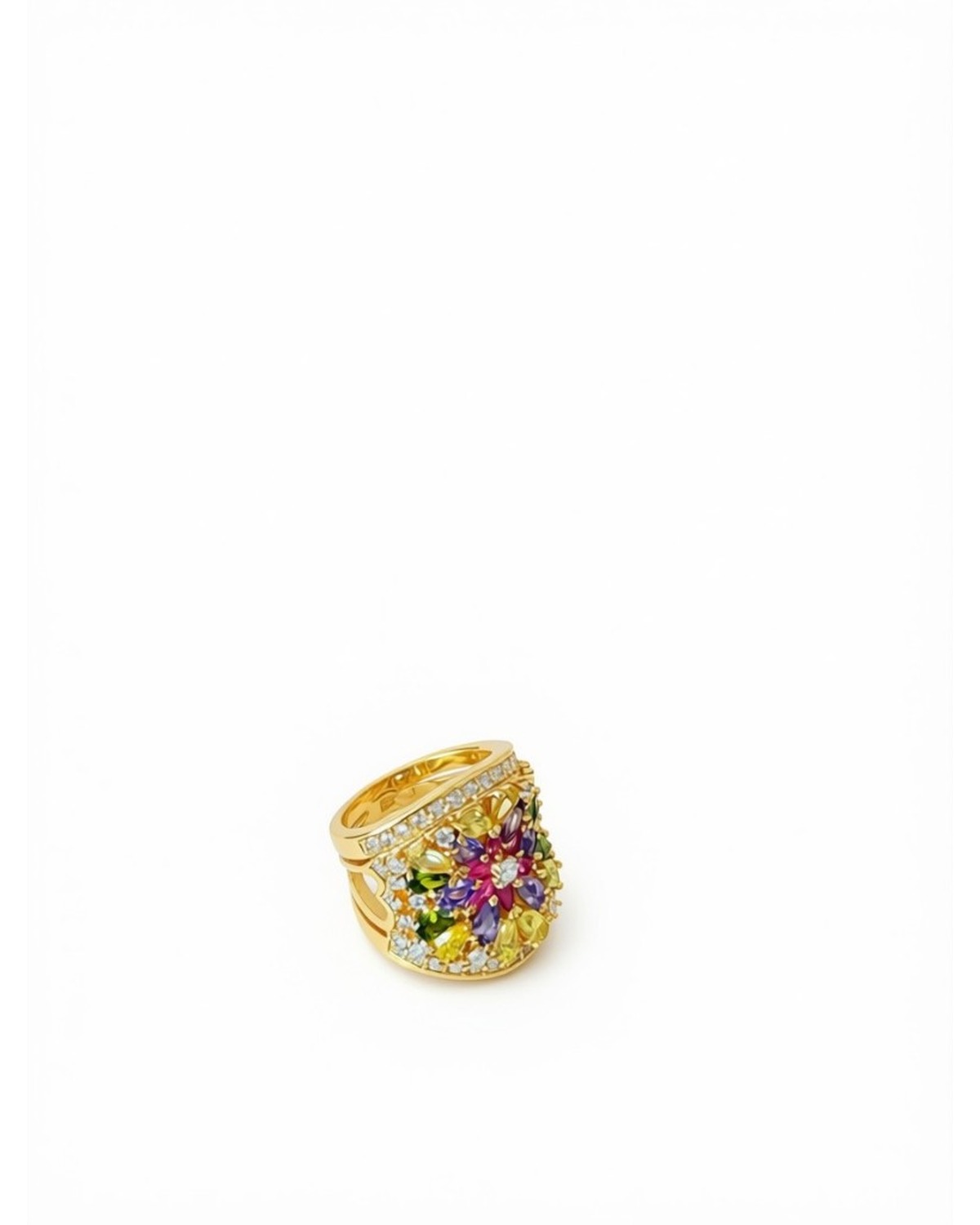 Multicolor gemstone floral cluster ring in yellow gold tone